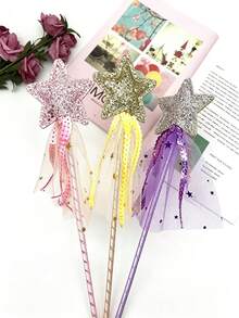 3/5Pcs Glitter Star Fairy Magic Wand With Tulle Sequin Streamers, Pastel Color Ribbon Princess Cosplay Prop, Handheld Twisted Rod Fairy Stick For Birthday Party, Halloween Dress Up, Photo Booth Decorations - A - View 4