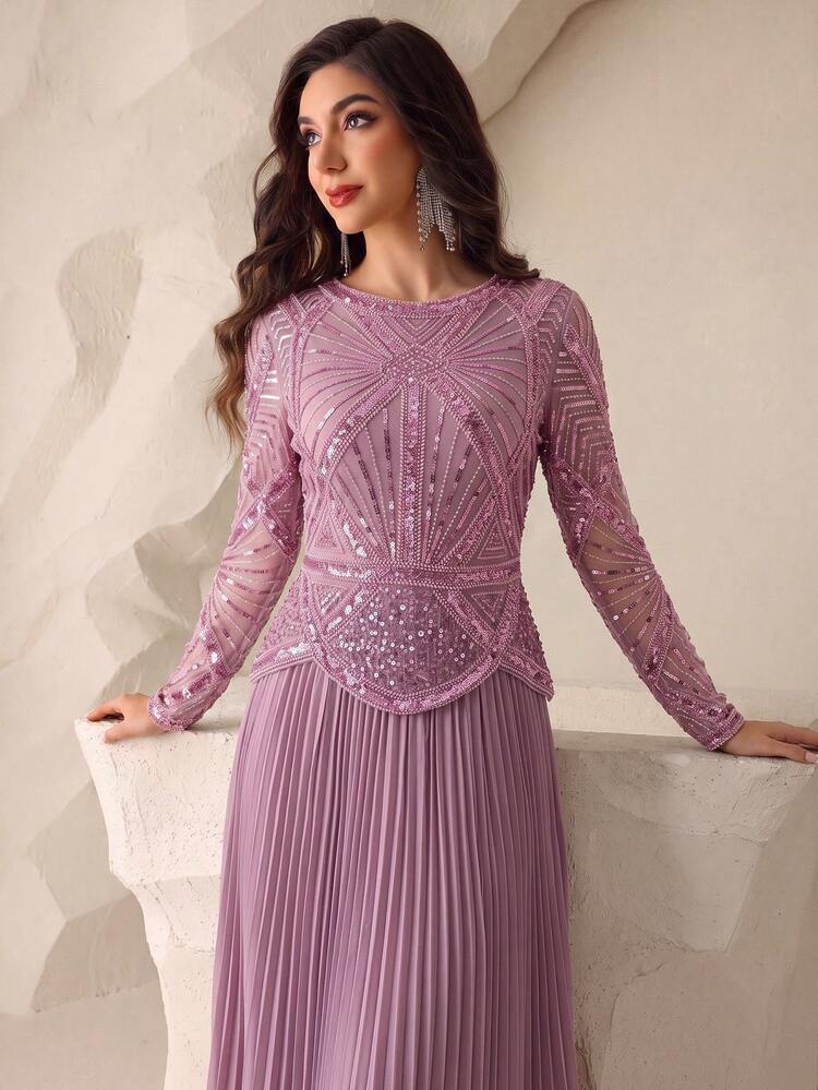 Women's Charming Pink Long Sleeve Round Neck Beaded Formal Gown, Pleated Flared Hem, Zipper Closure, Elegant Evening Dress Party Wedding Fall - Pink - View 3