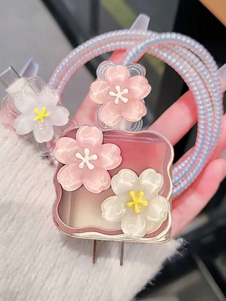 1 Set Wavy 3D Cherry Blossom Charger Protective Case, 3D Floral Data Cable Protector, Compatible With Apple 18W/20W PD Fast Charging, Ideal Gift Choice, Niche Gentle Spring/Summer Gift For Girlfriend - Multicolor - View 1