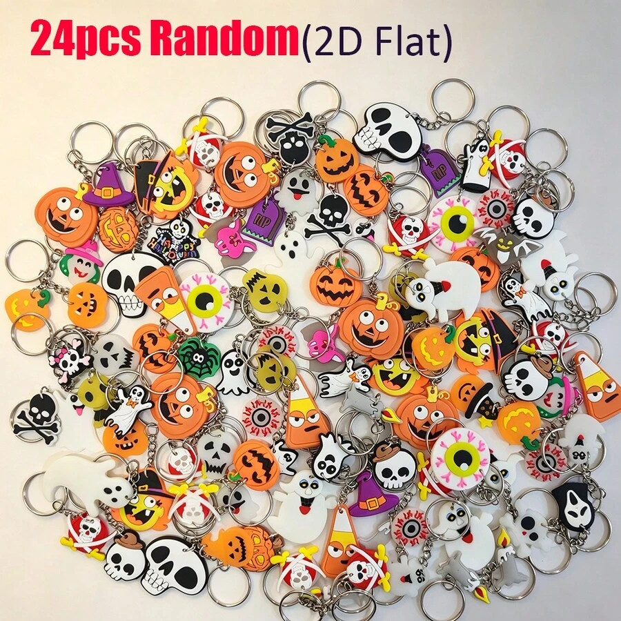 24/36/48pcs Random Assorted Halloween Keychains 2D Flat PVC Soft Rubber Pumpkin Ghost Skull Pendant Party Favors Event Prizes - Multicolor - View 1