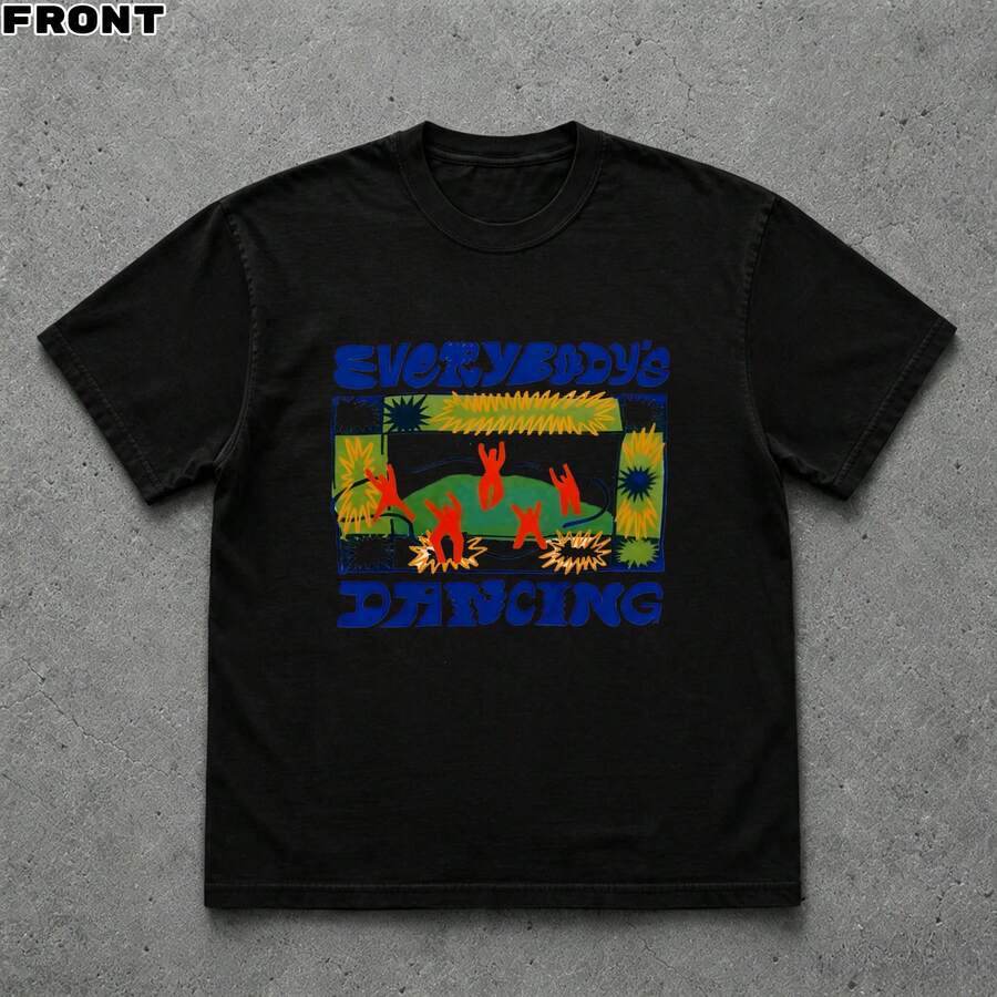 Cotton Retro Art Street T-Shirt, Everybody's Dancing Letter Cartoon Print, Short Sleeve Tee For Casual Creative Daily Wear - Black - View 1