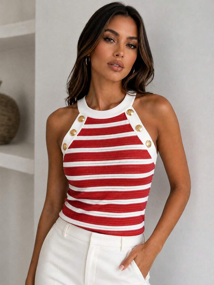 ChicMe Women's Striped Camisole Knit Tank Top, Sleeveless Ribbed Tank With Golden Button Decor, Suitable For Daily Office And Street Wear Red Casual Summer - Red - View 1