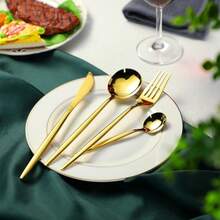 Stainless Steel Cutlery Sets (10/24/48/72 Pieces), Including Forks, Spoons, Knives, Coffee Spoons, And Steak Knives; Reusable; Serving Sizes For 2/6/12/18 People. - Gold - View 2