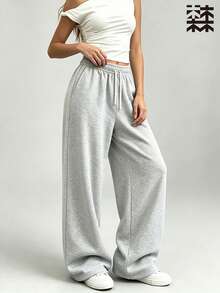 mulinsen 1pc Women's Solid Color Drawstring Casual Pants, Suitable For Airport, Travel, Daily, Sports, Vacation, Date, Summer - Grey - View 2