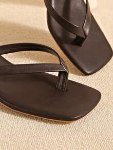 Square Toe Wide Foot Flip Flop Sandals With Thin Heels, Versatile Outdoor Wear Thin Heel Thong Sandals For Women - Coffee Brown - View 6