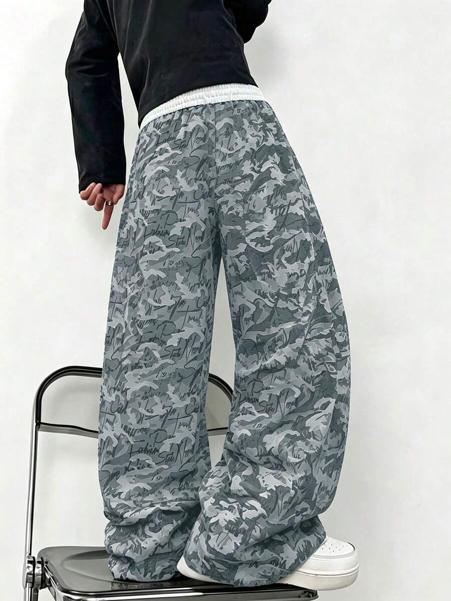 Men's Autumn Letter Print Drawstring Waist Wide Leg Pants - Black - View 1