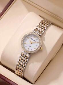 JUSMI Women's Elegant Rhinestone Watch, Two-Tone Steel Band, Round Dial Wristwatch, Jewelry Gift For Her, Christmas Birthday - White - View 5