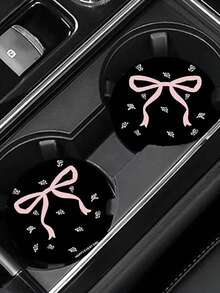 2pcs Pink Ribbon Bow Car Cup Holder Coasters - Suitable For Vehicles And Home Office Desks, Waterproof And Dust-Proof, High-Definition Pattern Faux Leather Material - Pink Ribbon Bow - View 5