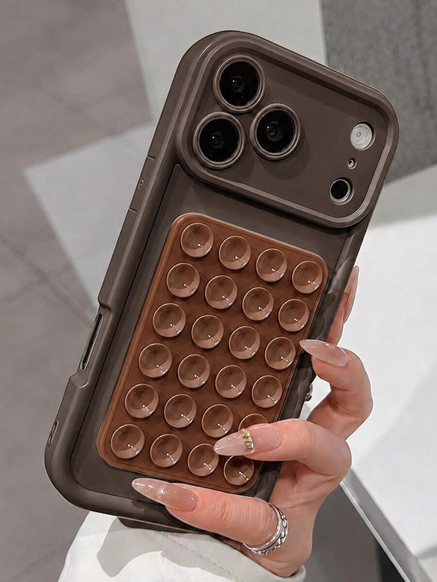 VRNOEI 1pc Minimalist Color Block Silicone Suction Cup Phone Case, Compatible With IPhone 17 11 12 13 14 15 16 17 Pro Max, Shockproof Full Coverage Camera Protection Shell, Anti-Scratch Anti-Fingerprint, Smooth Skin-Friendly Protective Cover - Brown - View 1