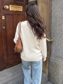 Women's Solid Color Baseball Collar Long Sleeve Single-Breasted Casual Knit Cardigan Fall - Beige - View 2