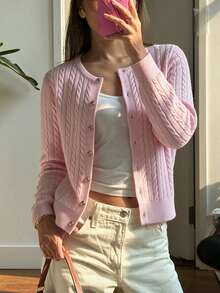 SEREN New Autumn Round Neck Women's Knit Cardigan, Slim Fit, Casual, Twisted Ribbed, Pink Top, Winter Sweater Jacket, Valentine's Day - Baby Pink - View 5