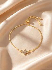 GEREIT 1pc Copper Micro-Inlaid Zirconia 14K Gold Plated Adjustable Cord Heart Moon Star Flower Bracelet - Gold - View 8