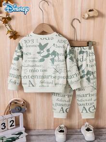 2pcs Disney Autumn Baby Boy Mickey Street Paris Eiffel Tower Print Cute Long Sleeve Ribbed Sweatshirt Olive Green Sweatpants Set Cartoon Pattern Slight Stretch Suitable For Infants Newborns Daily Wear Spring Gift - Olive Green - View 3