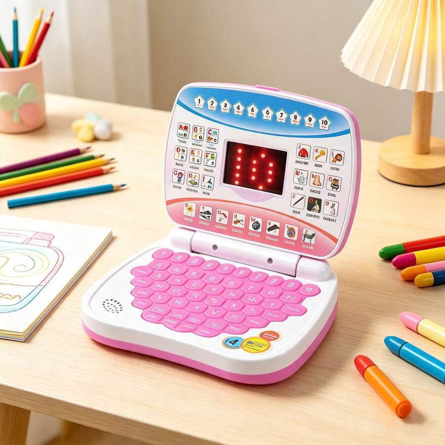 1pc Early Learning Educational Tablet For Kids, Simulated Laptop With Screen, Educational Computer And Musical Storytelling Device, Interactive Educational Mini Laptop - Pink - View 1
