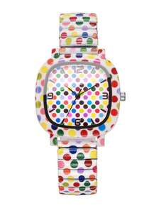 Women's Square Colorful Polka Dot Print Quartz Watch, Elastic Stretch Band Colorful Polka Dot Print Digital Scale Dial Personalized Design Wristwatch, Exquisite Gift For Girlfriend (1pc/Set) Watch Box Not Included - Multicolor - View 9