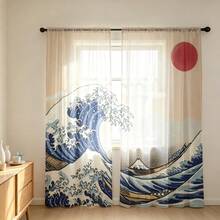 2件組日式大浪透視窗簾，浮世繪海洋波浪與船隻印花薄紗窗簾，濾光穿桿式窗簾，適用客廳臥室居家裝飾 - 彩色 - 查看 8