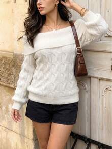 Pullover Wanita Putih Minimalis Modis Model Off-Shoulder Lengan Panjang Bergaris, Sweater Kasual Harian untuk Perjalanan, Liburan, Pesta, Kencan, Musim Gugur Musim Dingin - Putih - View 7