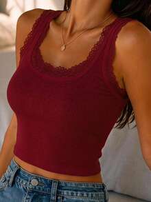 Women's Lace Patchwork Fitted Casual Everyday Top - Burgundy - View 3