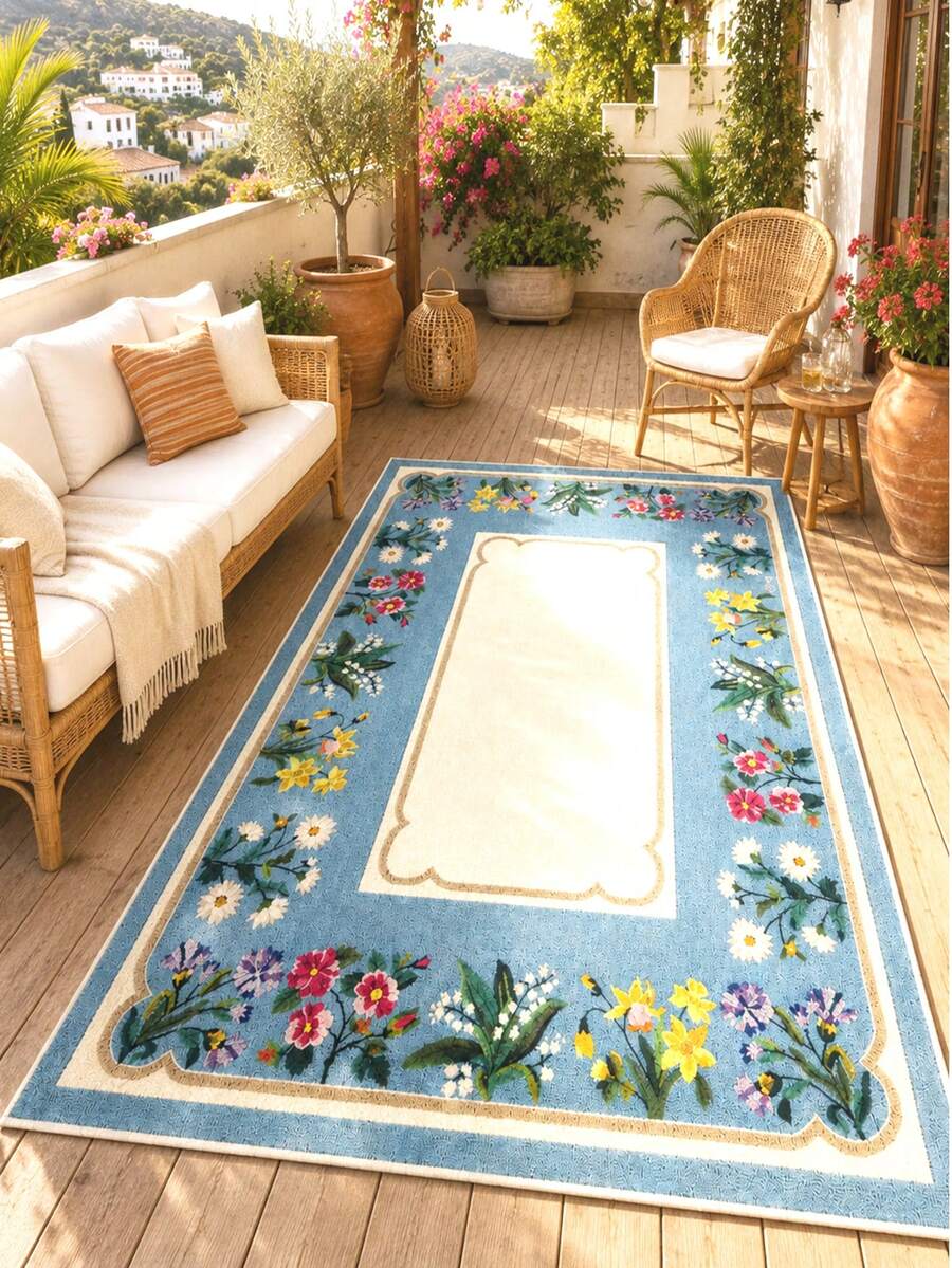 Chilai Home Flower Printed Area Rug,  Kitchen Runner Rug, Washable Floor Mat For Home Decor, Livingroom Rug, Non-Slip Kitchen Runner Rug, Made In Turkiye - Dusty Blue - View 1