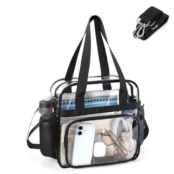TINYAT Clear Stadium Approved Tote Bag Transparent PVC Bag For Women Men Concert Friendly Adjustable Strap Crossbody Shoulder Bag