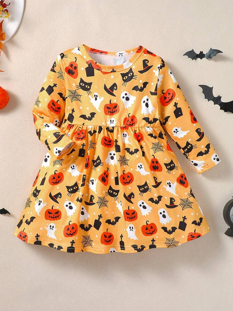 Girls Cute Animal Forest Deer Pattern Elastic Dress, Suitable For Spring And Autumn - Orange - View 1