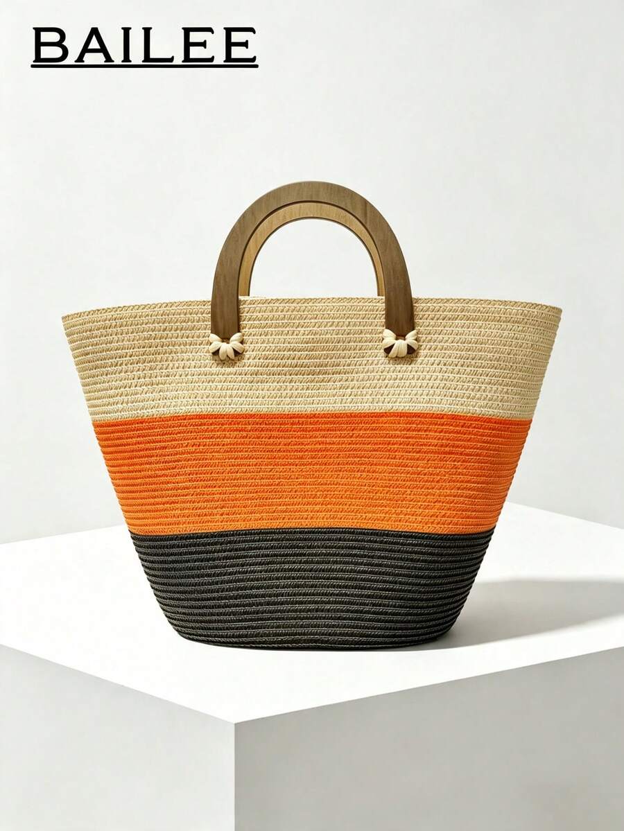 BAILEE A Casual Vacation-Themed Woven Handbag With A Wooden Handle, Three-Color Clash Design, Ample Capacity, Perfect For Vacation Attire And As A Gift. - Multicolor - View 1