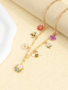 Bee & Flower Pendant Necklace, Colorful Multi-Flower Layered Sweet Neck Chain, Versatile Commute Collarbone Necklace - one-size - View 5