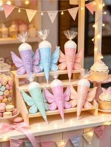 24/12/6 piezas Bolsas de cono de algodón de azúcar con alas de mariposa de hada, conos de papel de caramelo en tonos pastel, adecuados para cumpleaños de niñas, baby shower, regalos de fiesta con tema de hadas, decoración de fiesta de cumpleaños de bebé, mesa de postres, decoración de mesa - Multicolor - Ver 1