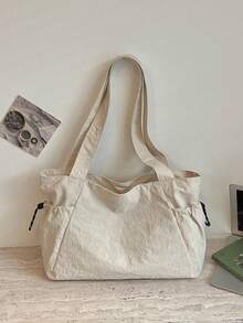 Solid Color Large Capacity Nylon Fabric Shoulder Tote Shopping Bag, Multi-Pocket Design, Mother's Day Gift For Mom, Commute Travel Minimalist Fashion Versatile - Beige - View 4