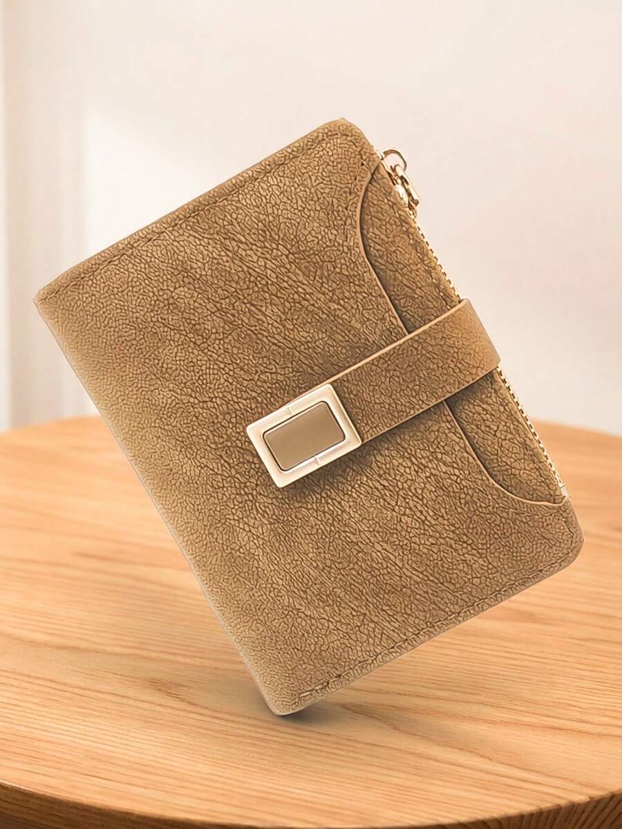 Women's Short Colorblock Patchwork Wallet, Fashionable Fabric Texture PU Multifunctional Card Holder, Exquisite Fashion Clasp Large Capacity Zipper Coin Purse For Young Students, Lightweight And Convenient To Carry, Suitable As Holiday Gift - Camel - View 1