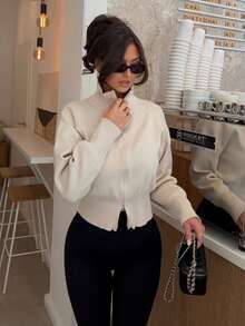 Minimalist Basic Women's High Neck Ribbed Knit Zipper Cardigan Jacket, Long Sleeve Short Knit Sweater For Autumn/Winter Daily Wear, Cream Color Fall - Cream - View 3
