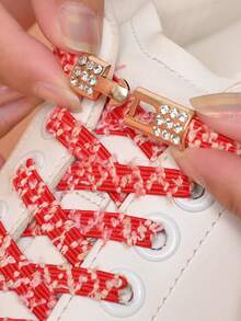 COSYLEE 1 Pair Rhinestone Buckle No-Tie Elastic Shoelaces, Fuzzy Cute Fashion Shoelaces - Red - View 4