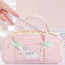 2pcs, Simple Handheld Cat Pencil Bag Zipper Double Bow Stationery Storage Bag Cosmetic Storage Bag Durable Desktop Pen Bag Student Back To School Office Stationery Storage Bag - Pencil Case - View 3