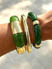 3pcs/1pc Vintage Elegant Bohemian Style Women's Green Acrylic Beaded Elastic Bracelet Set, Suitable For Women's Daily, Party, Vacation Wear, Stackable, Giftable - Green - View 1