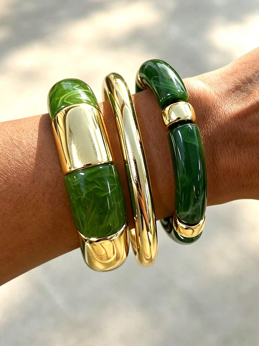 3pcs/1pc Vintage Elegant Bohemian Style Women's Green Acrylic Beaded Elastic Bracelet Set, Suitable For Women's Daily, Party, Vacation Wear, Stackable, Giftable - Green - View 1