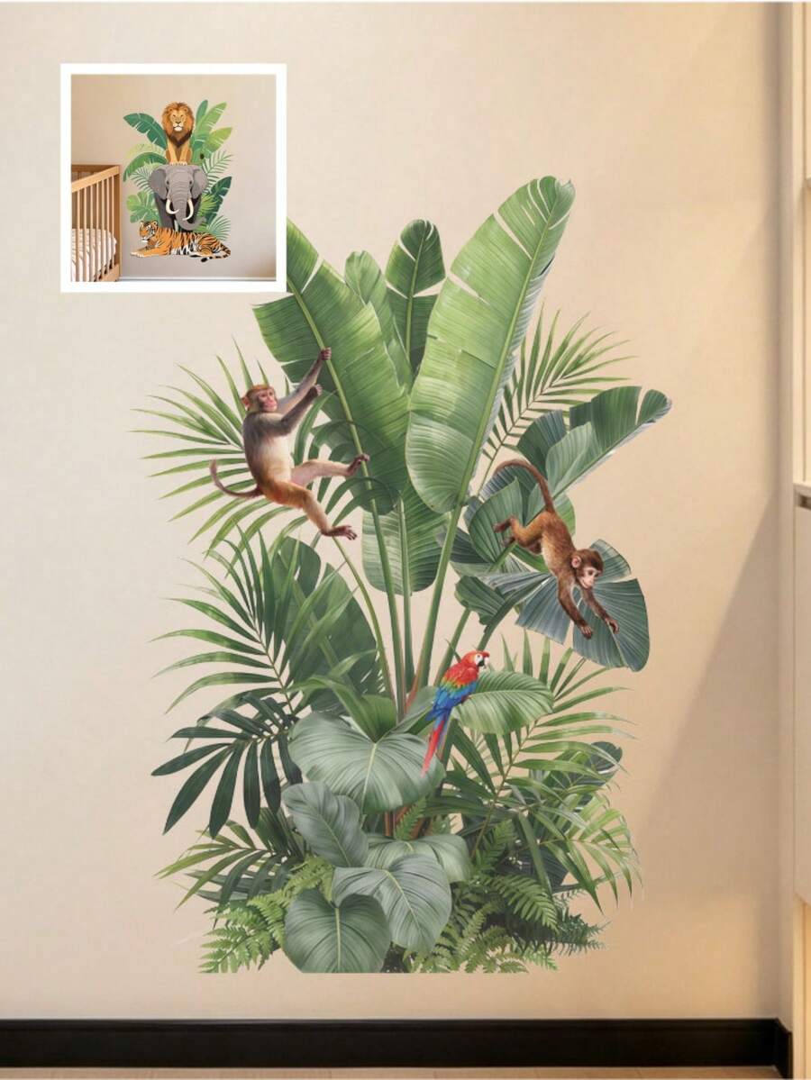 Cartoon Animal Green Plant Monkey Wall Sticker Decal For Bedroom Living Room Kids Room Home Decor Self-Adhesive Wall Sticker - Multicolor - View 1