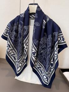 1pc Fashionable Women's Color Block Versatile Printed Polyester Scarf Square - Navy Blue - View 5