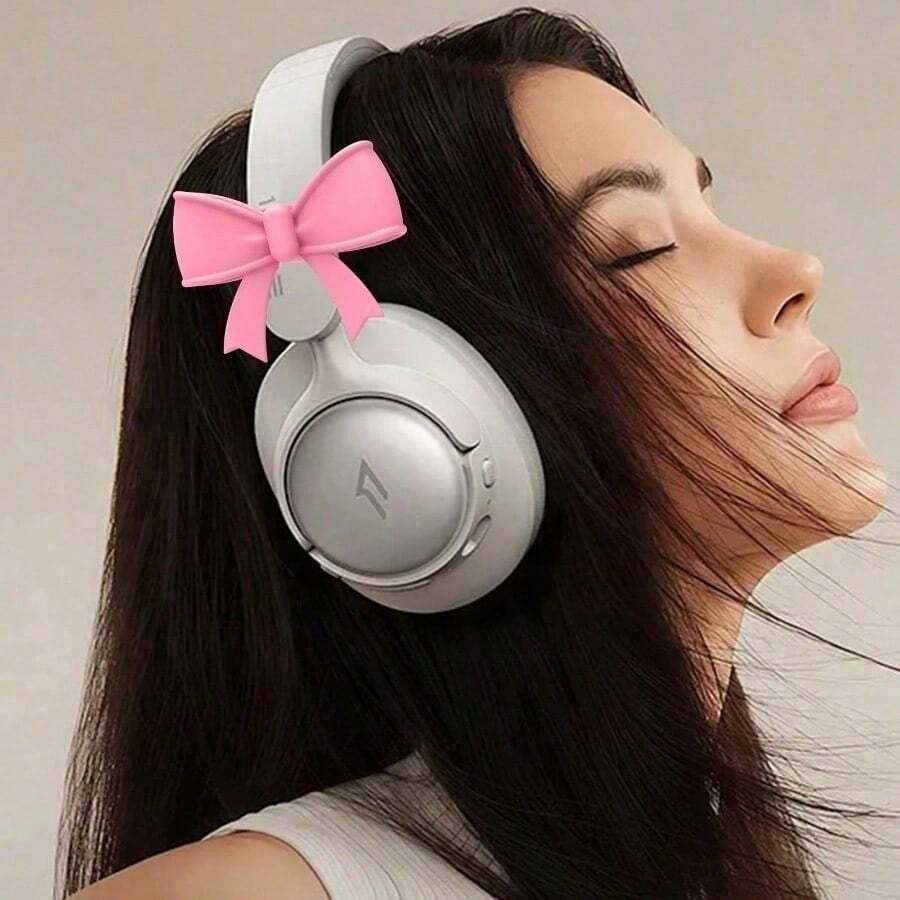 2pcs Pink Bow Decor Earphone Accessories, Cute Printed Bow Fashionable Earphone Attachments, Christmas Gift For Gamer Girls