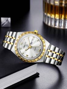 Men's Premium Gold-Tone Alloy Band Watch, Roman Numeral Rhinestone Dial With Date Display, Business Casual Versatile Quartz Wristwatch (1pc/Set), Watch Box Not Included - Multicolor - View 6