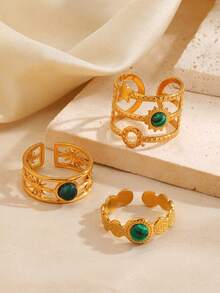 3pcs Stainless Steel Minimalist Green Malachite Inlaid Star & Sun Ring Set, Suitable For Women's Daily And Holiday Wear - Multicolor - View 5