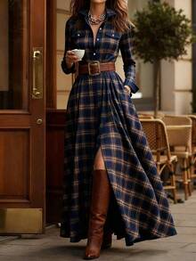 Retro Western Tartan Maxi Dress, Lapel Button Down Long Sleeve Chest Pockets Ruched Waist Front Slit Flowy Dress For Fall Street Outfit - 15 Dark Blue - With Belt - View 4