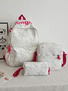 Dedoo Juego de 3 piezas de mochila, estampado de estrellas y letras, cordón con cremallera de bloques de color, gran capacidad, mochila escolar, bolsa de estudiante diaria para campus universitario - Blanco - Ver 3