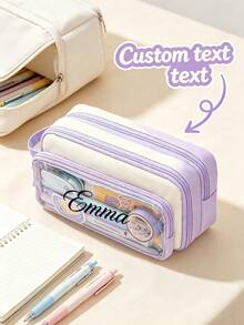 Personalized Name Pencil Case, Custom Text Large Capacity Triple Compartment Pen Pouch With Clear Front Pocket And Carry Handle, Portable Stationery Organizer And Cosmetic Storage Bag For College, Office, Travel, Birthday And Back To School Gift - Multicolor - View 5