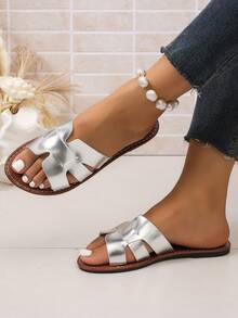Women Silver Metallic H‑Shape Woven Slide Sandals, Open‑Toe Outdoor Slip‑On Slides, Summer Beach Vacation Shoes - Silver - View 3