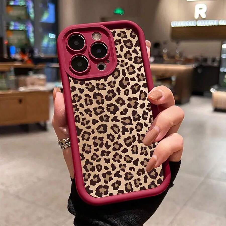 Leopard Print Phone Case For IPhone 11-17 Pro Max/Air | Shockproof Drop Protection | Rugged Durable Silicone Cover VTE6 - 酒紅色 - 查看 1