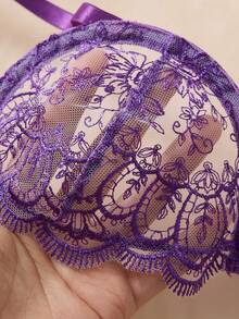2件組女款刺繡內衣套裝，半透心形胸罩與蝴蝶結內褲，性感睡衣，女款秋季服飾 - 紫色 - 查看 6