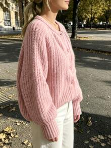Women's Round Neck Knitted Cardigan Sweater, Slouchy, Soft And Cozy, Loose Fit, Solid Color, Versatile Top - Pink - View 3