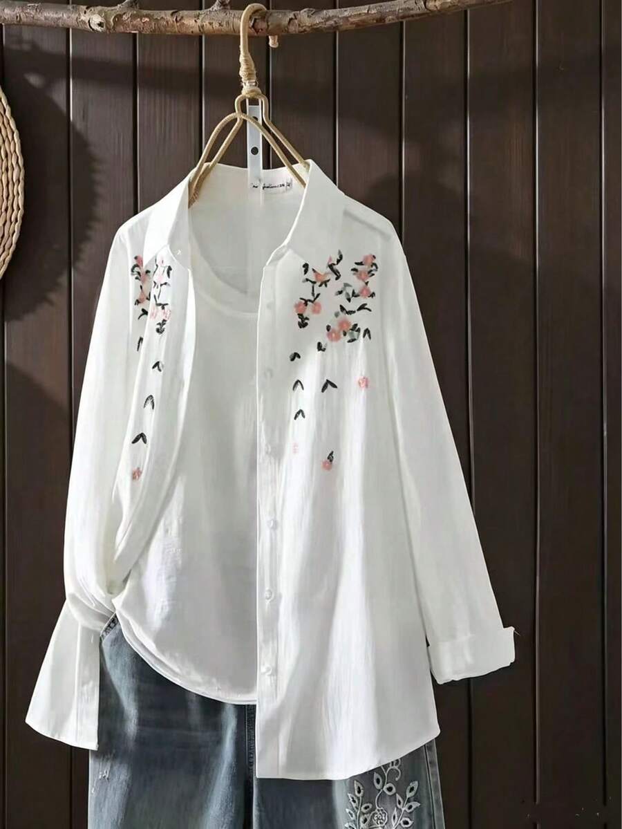 女款秋季休閒刺繡純色通勤百搭長袖襯衫 白色 - 白色 - 查看 1