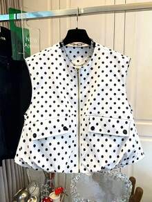 Women's Vintage Polka Dot Short Sleeve Sleeveless Vest Jacket, Small Round Neck, Fashionable And Versatile White Summer - White - View 7