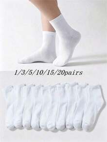 10 Pairs Unisex Pure White Comfortable Mid-Calf Socks, Suitable For Daily Wear, Loafers, Sneakers And All Seasons - White - View 5